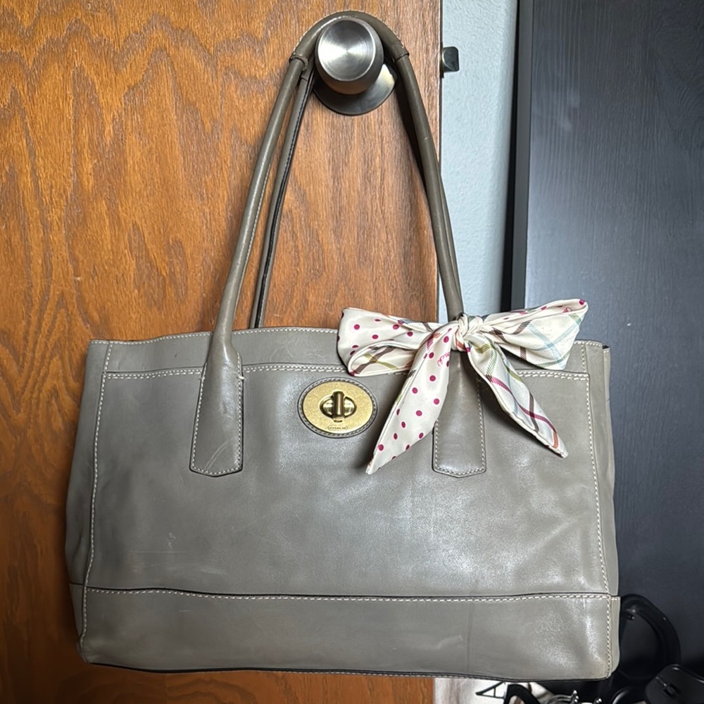 Coach Gray Leather Shoulder Bag with Bow Accent